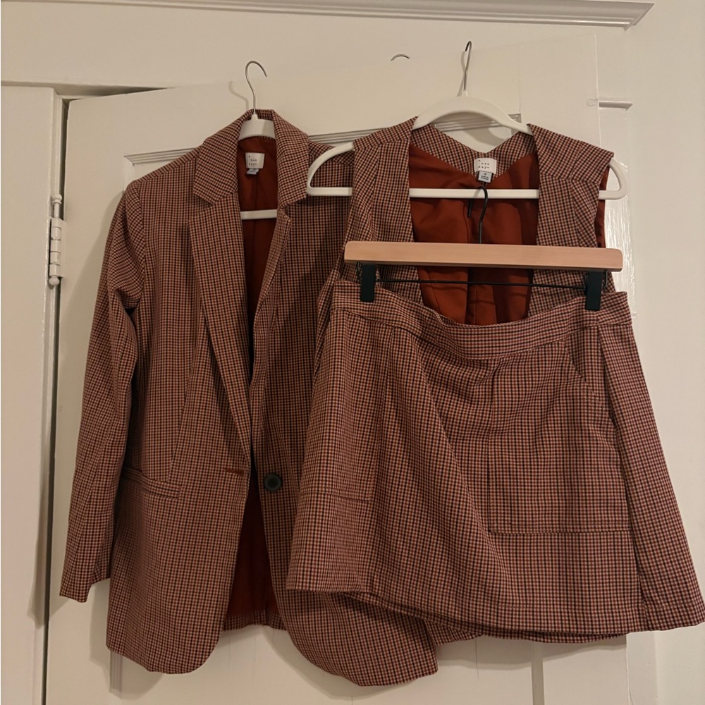 Women’s 3 Piece Brown Plaid Suit: Jacket, Vest and Skirt